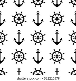 Vector seamless pattern with anchor, steering wheel. Symmetrical background, nautical theme. Graphic illustration. Black and white. Template for wrapping, backgrounds, fabric, prints, decor, surface.