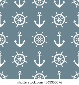 Vector seamless pattern with anchor, steering wheel. Symmetrical background, nautical theme. Graphic illustration. Template for wrapping, backgrounds, fabric, prints, decor, surface.