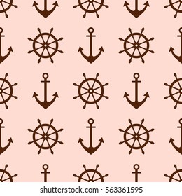 Vector seamless pattern with anchor, steering wheel. Symmetrical background, nautical theme. Graphic illustration. Template for wrapping, backgrounds, fabric, prints, decor, surface.
