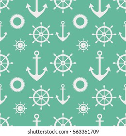 Vector seamless pattern with anchor, steering wheel. Symmetrical background, nautical theme. Graphic illustration. Template for wrapping, backgrounds, fabric, prints, decor, surface.