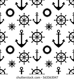 Vector seamless pattern with anchor, steering wheel. Symmetrical background, nautical theme. Graphic illustration. Black and white. Template for wrapping, backgrounds, fabric, prints, decor, surface.