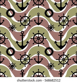 Vector seamless pattern with anchor, steering wheel. Symmetrical background, nautical theme. Graphic illustration. Template for wrapping, backgrounds, fabric, prints, decor, surface