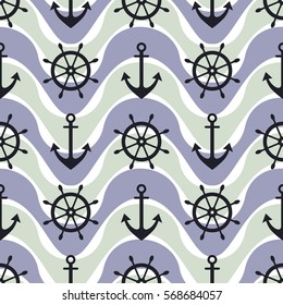 Vector seamless pattern with anchor, steering wheel. Symmetrical background, nautical theme. Graphic illustration. Template for wrapping, backgrounds, fabric, prints, decor, surface.