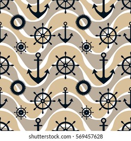 Vector seamless pattern with anchor, steering wheel. Symmetrical background, nautical theme. Graphic illustration. Template for wrapping, backgrounds, fabric, prints, decor, surface