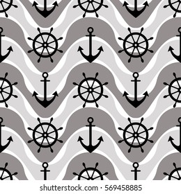 Vector seamless pattern with anchor, steering wheel. Symmetrical background, nautical theme. Graphic illustration. Template for wrapping, backgrounds, fabric, prints, decor, surface