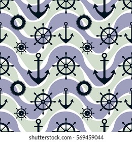 Vector seamless pattern with anchor, steering wheel. Symmetrical background, nautical theme. Graphic illustration. Template for wrapping, backgrounds, fabric, prints, decor, surface