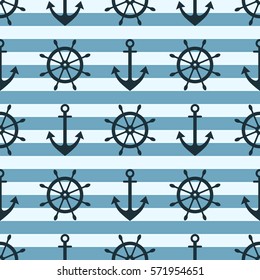 Vector seamless pattern with anchor, steering wheel. Symmetrical background, nautical theme. Graphic illustration. Template for wrapping, backgrounds, fabric, prints, decor, surface
