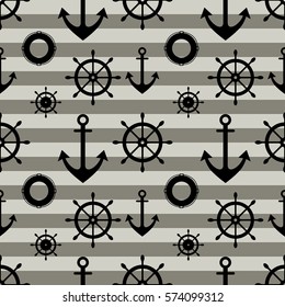 Vector seamless pattern with anchor, steering wheel. Symmetrical background, nautical theme. Graphic illustration. Template for wrapping, backgrounds, fabric, prints, decor, surface.