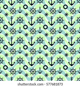 Vector seamless pattern with anchor, steering wheel, waves. Symmetrical blue, green background, nautical theme Graphic illustration. Template for wrapping, backgrounds, fabric, prints, decor, surface