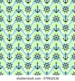 Vector seamless pattern with anchor, steering wheel, waves. Symmetrical blue, green background, nautical theme Graphic illustration. Template for wrapping, backgrounds, fabric, prints, decor, surface