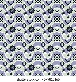 Vector seamless pattern with anchor, steering wheel, waves. Symmetrical blue background, nautical theme. Graphic illustration. Template for wrapping, backgrounds, fabric, prints, decor, surface.