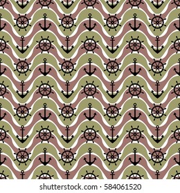 Vector seamless pattern with anchor, steering wheel, waves. Symmetrical brown background, nautical theme. Graphic illustration. Template for wrapping, backgrounds, fabric, prints, decor, surface.