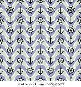 Vector seamless pattern with anchor, steering wheel, waves. Symmetrical blue background, nautical theme. Graphic illustration. Template for wrapping, backgrounds, fabric, prints, decor, surface.