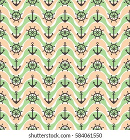 Vector seamless pattern with anchor, steering wheel, waves. Symmetrical green, pink background nautical theme. Graphic illustration. Template for wrapping, backgrounds, fabric, prints, decor, surface.