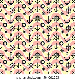 Vector seamless pattern with anchor, steering wheel, waves. Symmetrical pink background, nautical theme Graphic illustration. Template for wrapping, backgrounds, fabric, prints, decor, surface