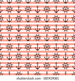 Vector seamless pattern with anchor, steering wheel, diagonal lines. Symmetrical background, nautical theme. Graphic illustration. Template for wrapping, backgrounds, fabric, prints, decor, surface