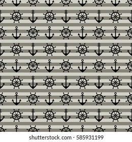 Vector seamless pattern with anchor, steering wheel, diagonal lines. Symmetrical background, nautical theme. Graphic illustration. Template for wrapping, backgrounds, fabric, prints, decor, surface
