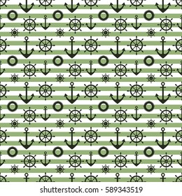 Vector seamless pattern with anchor, steering wheel, diagonal lines. Symmetrical background, nautical theme. Graphic illustration. Template for wrapping, backgrounds, fabric, prints, decor, surface