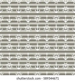 Vector seamless pattern with anchor, steering wheel, diagonal lines. Symmetrical background, nautical theme. Graphic illustration. Template for wrapping, backgrounds, fabric, prints, decor, surface