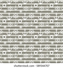 Vector seamless pattern with anchor, steering wheel, diagonal lines. Symmetrical background, nautical theme. Graphic illustration. Template for wrapping, backgrounds, fabric, prints, decor, surface