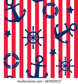 Vector seamless pattern with anchor, steering wheel, lifebuoy and starfish. Cute Marine pattern for fabric, baby clothes, background, textile, wrapping paper and other decoration.