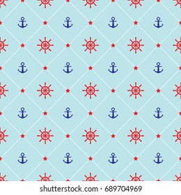 Vector seamless pattern with anchor, steering wheel and starfish. Cute Marine pattern for fabric, baby clothes, background, textile, wrapping paper and other decoration.