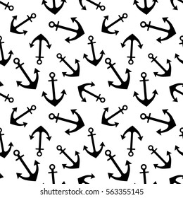 Vector seamless pattern with anchor. Symmetrical background, nautical theme. Graphic illustration. Black and white Template for wrapping, backgrounds, fabric, prints, decor, surface.