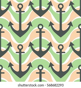 Vector seamless pattern with anchor. Symmetrical background, nautical theme. Graphic illustration. Template for wrapping, backgrounds, fabric, prints, decor, surface.