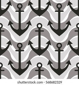 Vector seamless pattern with anchor. Symmetrical background, nautical theme. Graphic illustration. Template for wrapping, backgrounds, fabric, prints, decor, surface.