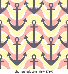 Vector seamless pattern with anchor. Symmetrical background, nautical theme. Graphic illustration. Template for wrapping, backgrounds, fabric, prints, decor, surface