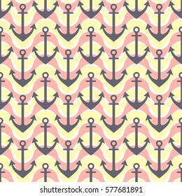 Vector seamless pattern with anchor, waves. Symmetrical pink background, nautical theme. Graphic illustration. Template for wrapping, backgrounds, fabric, prints, decor, surface.