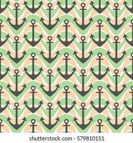 Vector seamless pattern with anchor, waves. Symmetrical green background, nautical theme. Graphic illustration. Template for wrapping, backgrounds, fabric, prints, decor, surface.