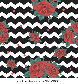 Vector seamless pattern, anchored with a flower on a background of black and white stripes fashion background.