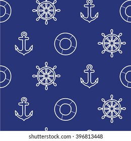 Vector seamless pattern with anchors, lifebuoys and steering wheels