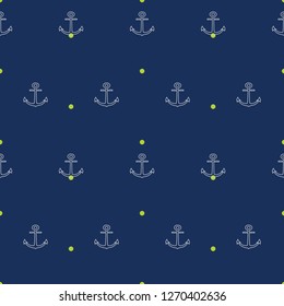 Vector seamless pattern with anchors on dark blue and lime dots background. Great as a textile print, party invitation or packaging.