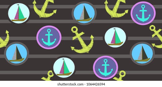 Vector seamless pattern with anchors and ships. Sea pattern. The template for the cover fabric, books.