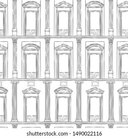 Vector seamless pattern of ancient facade of classical building. Black and white repeat drawing of roman architecture.