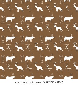 Vector seamless pattern of ancient rock paintings isolated on brown background