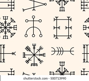 Vector seamless pattern with ancient runes of Iceland. Galdrastafir, mystic signs of early North magic