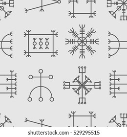 Vector seamless pattern with ancient runes of Iceland. Galdrastafir, mystic signs of early North magic