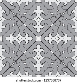 Vector seamless pattern with ancient swirls in vintage antique style. Abstract ornament in grey tone. Seamless vintage antique ornament. For wallpaper, fabric, tile, print, wrapping paper, decor