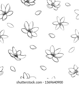 Vector seamless pattern with anemones. Black and white seamless background with flowers.