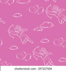 Vector seamless pattern with angels and hearts in the sky on pink background. For wallpaper, texture for wedding