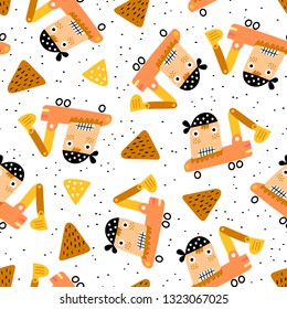 Vector seamless pattern with angry excavator. Work zone. Creative vector childish background for fabric, textile, nursery wallpaper. - Vector