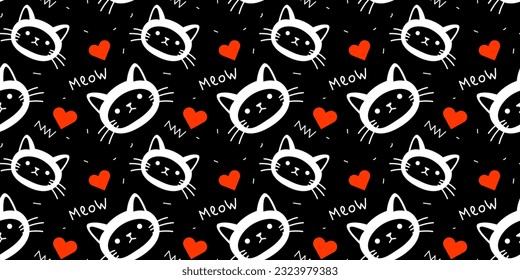 Patrón vectorial sin fisuras de cabeza de gato animal, corazón rojo y maullido de la palabra sobre fondo de color negro. Diseño de estilo plano con lindo patrón con gato para web, banner, afiche, impresión