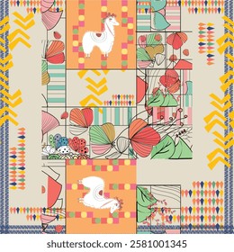 Vector seamless pattern with animal, geometric and tropical leaves. Trendy style. Pattern, textile, geometric, art, watercolor design for textile, package, texture, fashion and scarf. 