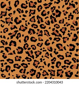 Vector seamless pattern. Animal jaguar skin background with black and brown spots on beige backdrop. Abstract exotic jungle texture. Repeat design for decor, fabric, textile, wallpapers