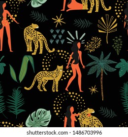 Vector seamless pattern. Vector animal print pattern. Vector cheetah tiger woman seamless pattern. Animal tiger women print. 