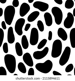 Vector seamless pattern with animal skin texture. Round and oval black spots on white backdrop