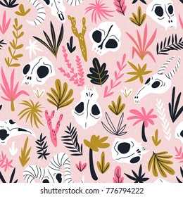 Vector seamless pattern of animal skulls. Background with cute skulls and desert plants on the pink polka dot  background.